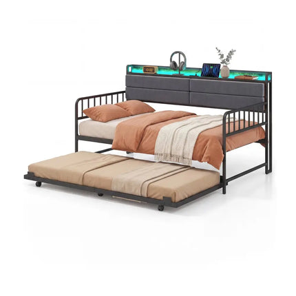 Twin Size Daybed with Trundle and Metal Bed Frame with Headboard-Rustic Brown - Rustic Brown - Trundle Bed Frame