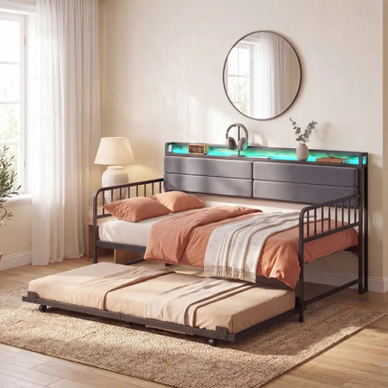 Twin Size Daybed with Trundle and Metal Bed Frame with Headboard-Rustic Brown - Rustic Brown - Trundle Bed Frame