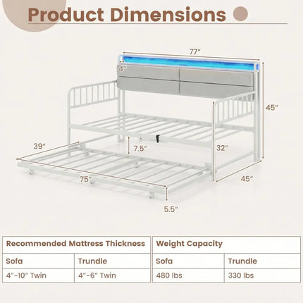 Twin Size Daybed with Trundle and Metal Bed Frame with Headboard-White - White - Trundle Bed Frame