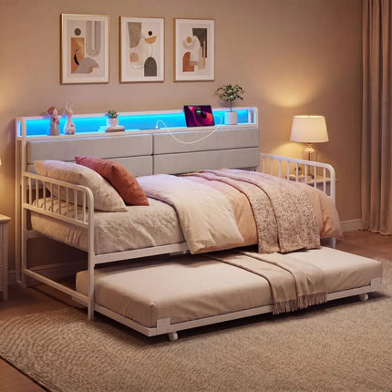 Twin Size Daybed with Trundle and Metal Bed Frame with Headboard-White - White - Trundle Bed Frame