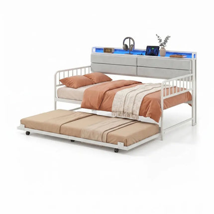 Twin Size Daybed with Trundle and Metal Bed Frame with Headboard-White - White - Trundle Bed Frame