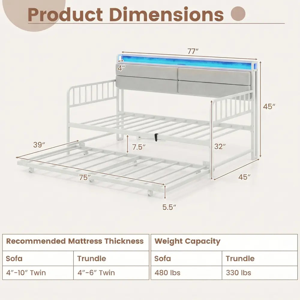 Twin Size Daybed with Trundle and Metal Bed Frame with Headboard-White - White - Trundle Bed Frame