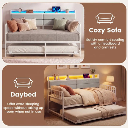 Twin Size Daybed with Trundle and Metal Bed Frame with Headboard-White - White - Trundle Bed Frame
