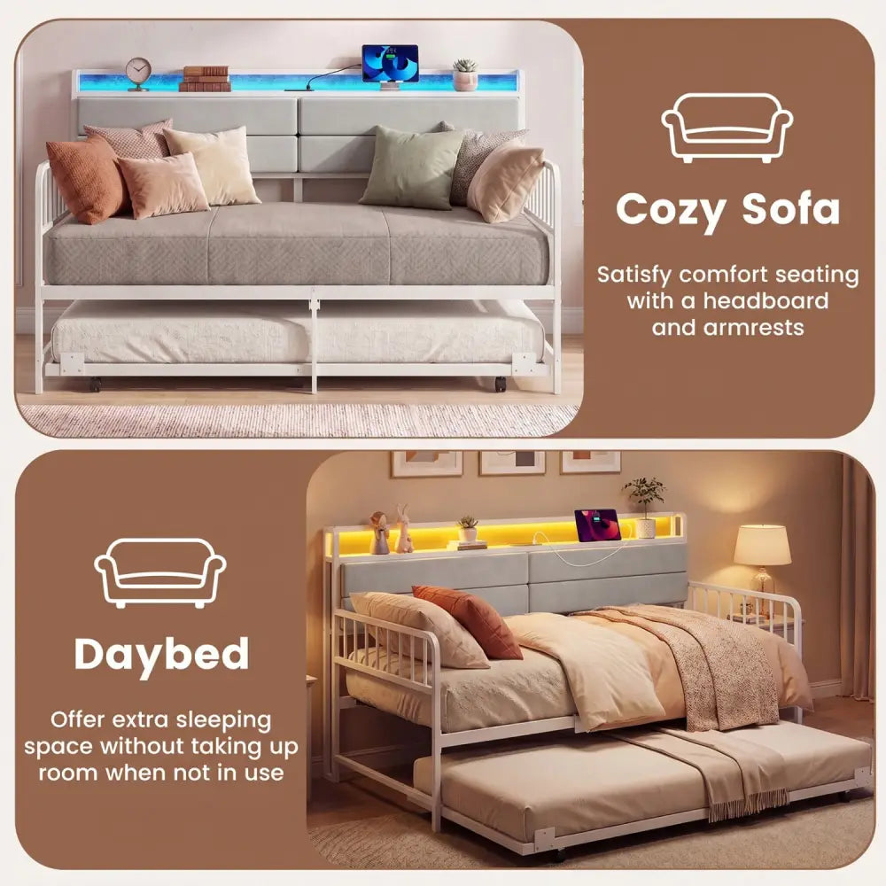 Twin Size Daybed with Trundle and Metal Bed Frame with Headboard-White - White - Trundle Bed Frame