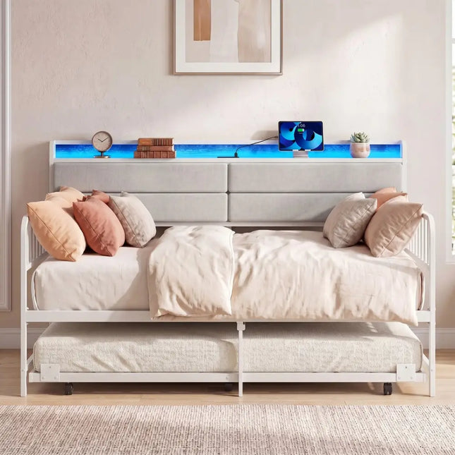 Twin Size Daybed with Trundle and Metal Bed Frame with Headboard-White - White - Trundle Bed Frame