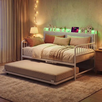 Twin Size Daybed with Trundle and Metal Bed Frame with Headboard-White - White - Trundle Bed Frame
