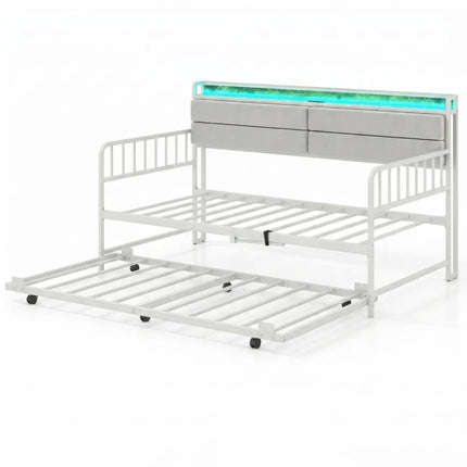 Twin Size Daybed with Trundle and Metal Bed Frame with Headboard-White - White - Trundle Bed Frame