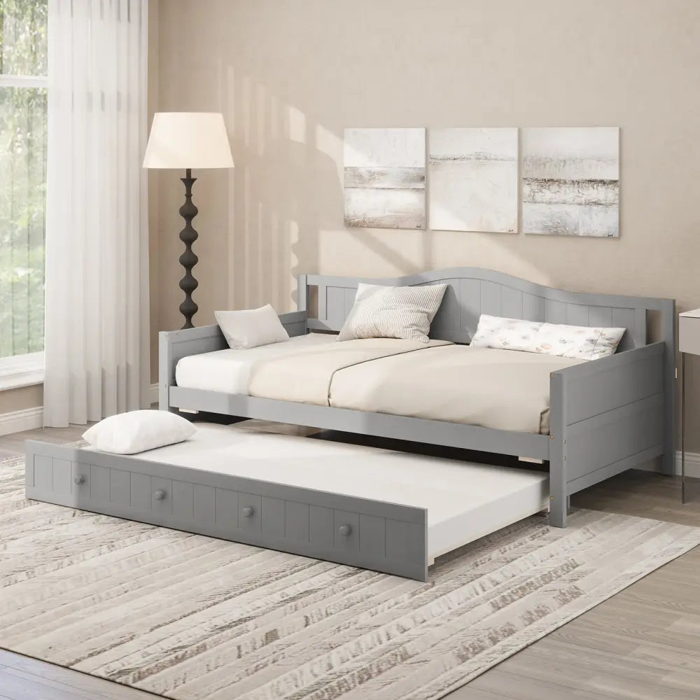 Twin Size Daybed with Trundle and Slats Support on Wheels-Gray - Gray - Trundle Bed Frame