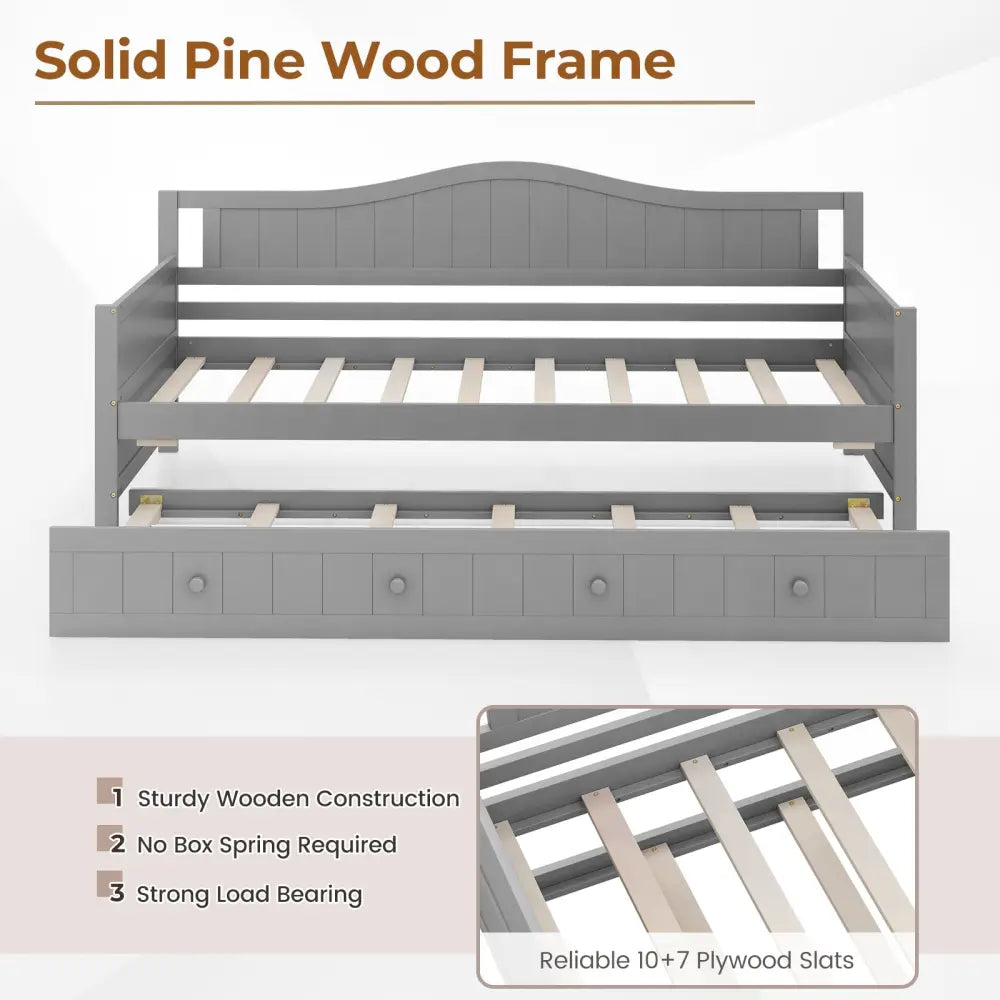 Twin Size Daybed with Trundle and Slats Support on Wheels-Gray - Gray - Trundle Bed Frame