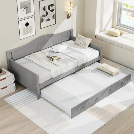 Twin Size Daybed with Trundle and Slats Support on Wheels-Gray - Gray - Trundle Bed Frame