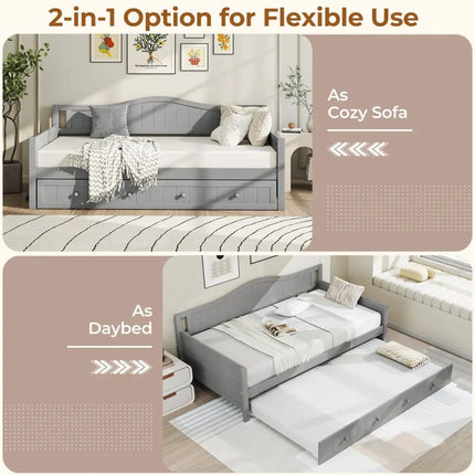 Twin Size Daybed with Trundle and Slats Support on Wheels-Gray - Gray - Trundle Bed Frame
