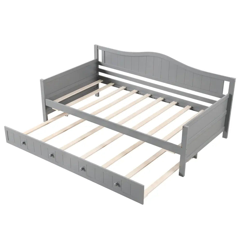 Twin Size Daybed with Trundle and Slats Support on Wheels-Gray - Gray - Trundle Bed Frame