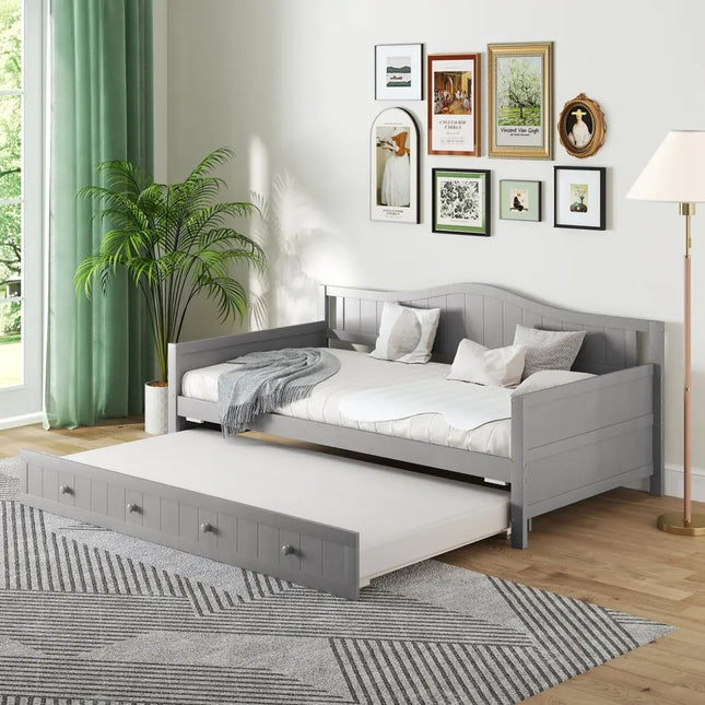 Twin Size Daybed with Trundle and Slats Support on Wheels-Gray - Gray - Trundle Bed Frame