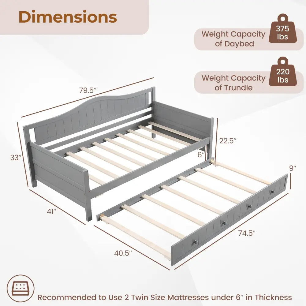 Twin Size Daybed with Trundle and Slats Support on Wheels-Gray - Gray - Trundle Bed Frame