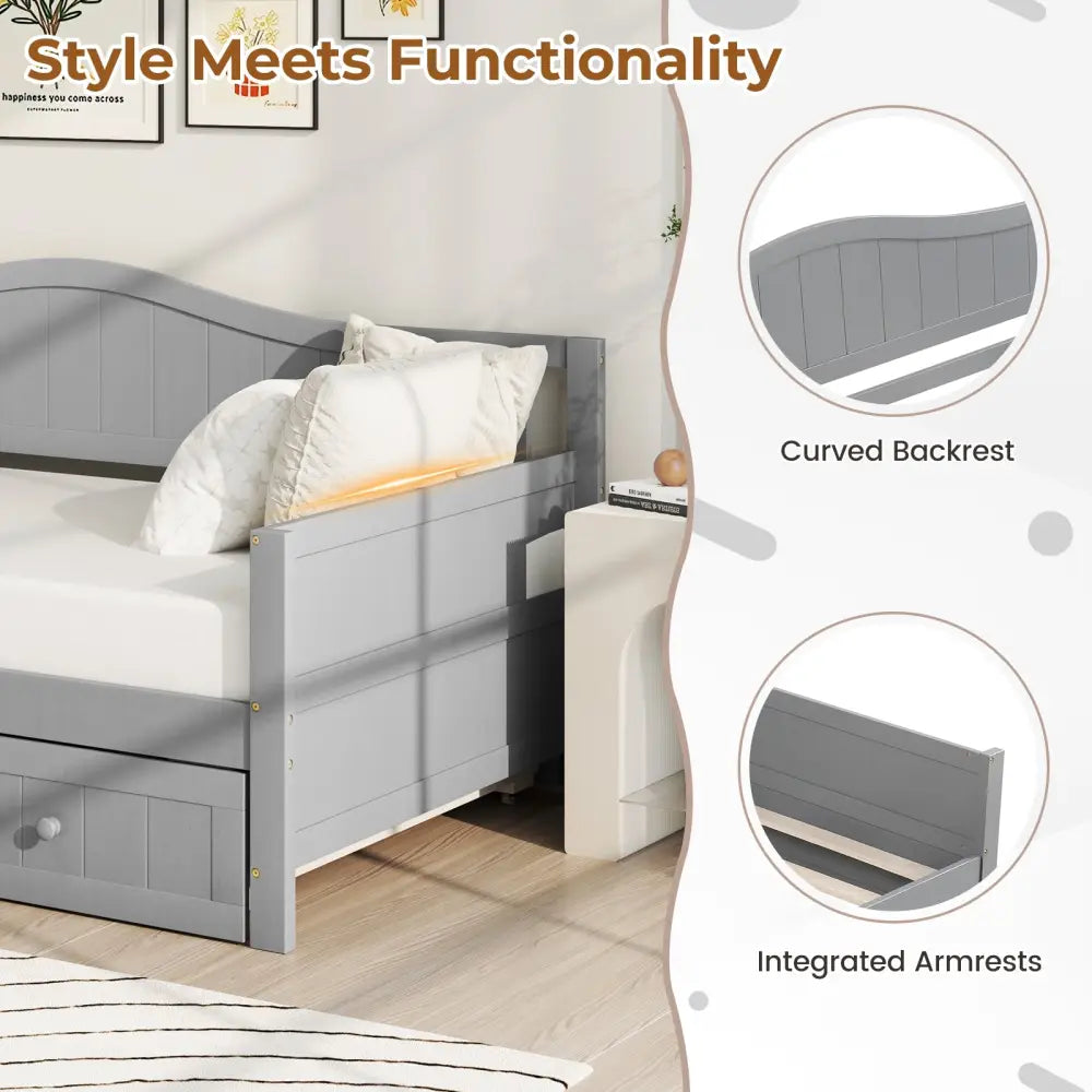 Twin Size Daybed with Trundle and Slats Support on Wheels-Gray - Gray - Trundle Bed Frame