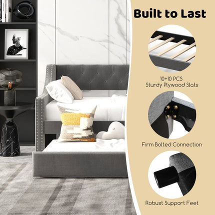 Twin Size Daybed with Trundle Sofa Bed with Curved Armrests and Backrest-Gray - Gray - Trundle Bed Frame