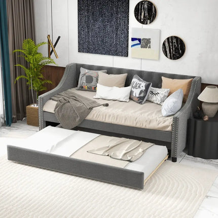 Twin Size Daybed with Trundle Sofa Bed with Curved Armrests and Backrest-Gray - Gray - Trundle Bed Frame