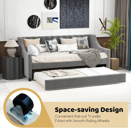 Twin Size Daybed with Trundle Sofa Bed with Curved Armrests and Backrest-Gray - Gray - Trundle Bed Frame