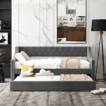 Twin Size Daybed with Trundle Sofa Bed with Curved Armrests and Backrest-Gray - Gray - Trundle Bed Frame