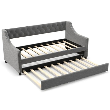 Twin Size Daybed with Trundle Sofa Bed with Curved Armrests and Backrest-Gray - Gray - Trundle Bed Frame