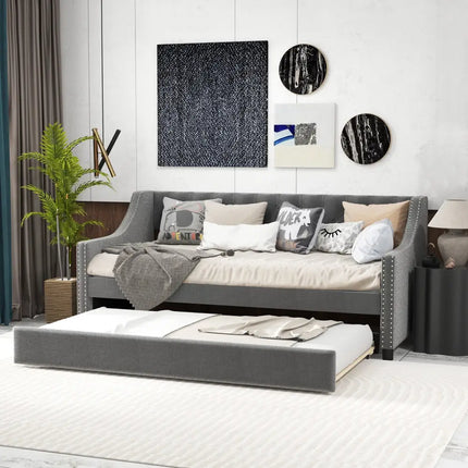 Twin Size Daybed with Trundle Sofa Bed with Curved Armrests and Backrest-Gray - Gray - Trundle Bed Frame