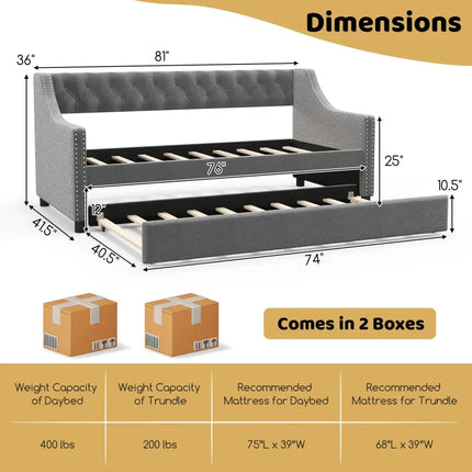 Twin Size Daybed with Trundle Sofa Bed with Curved Armrests and Backrest-Gray - Gray - Trundle Bed Frame
