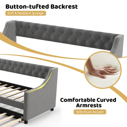 Twin Size Daybed with Trundle Sofa Bed with Curved Armrests and Backrest-Gray - Gray - Trundle Bed Frame