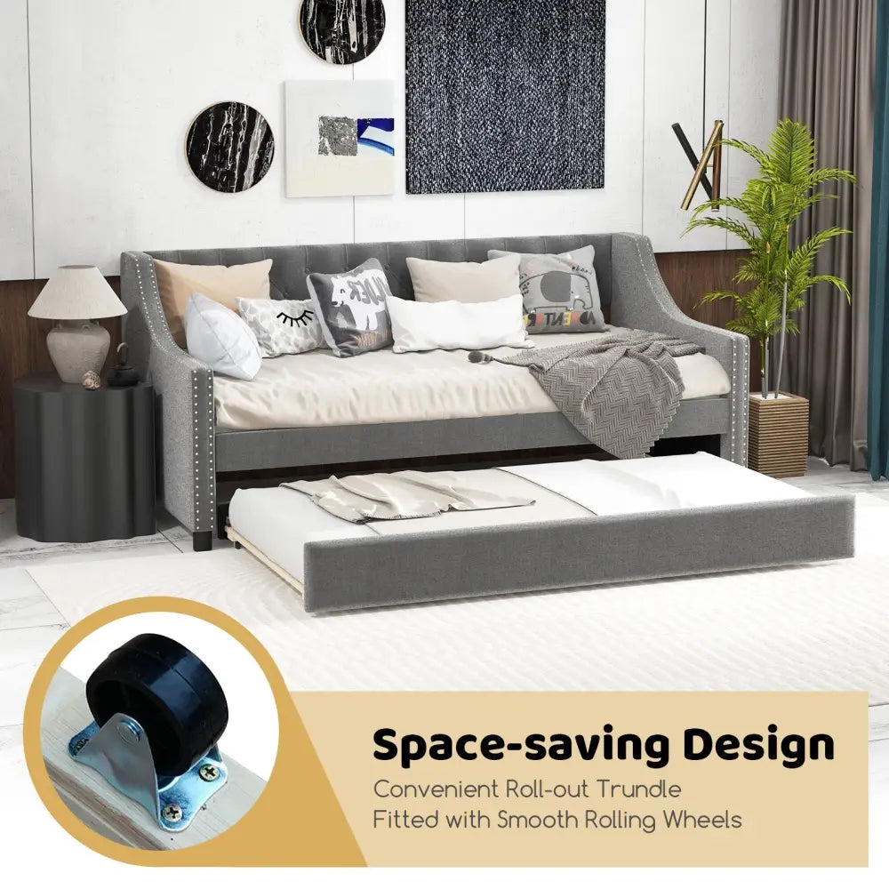 Twin Size Daybed with Trundle Sofa Bed with Curved Armrests and Backrest-Gray - Gray - Trundle Bed Frame