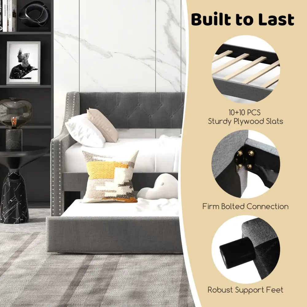 Twin Size Daybed with Trundle Sofa Bed with Curved Armrests and Backrest-Gray - Gray - Trundle Bed Frame