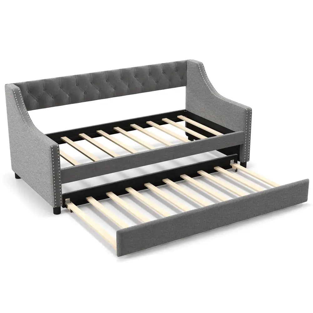 Twin Size Daybed with Trundle Sofa Bed with Curved Armrests and Backrest-Gray - Gray - Trundle Bed Frame