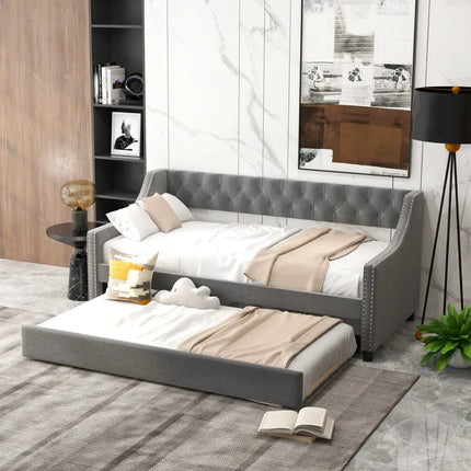 Twin Size Daybed with Trundle Sofa Bed with Curved Armrests and Backrest-Gray - Gray - Trundle Bed Frame