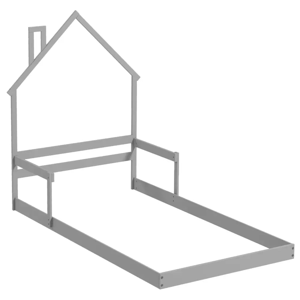 Twin Size Floor Bed with Chimney and Headboard and Handrail-Gray - Gray - Toddler Beds