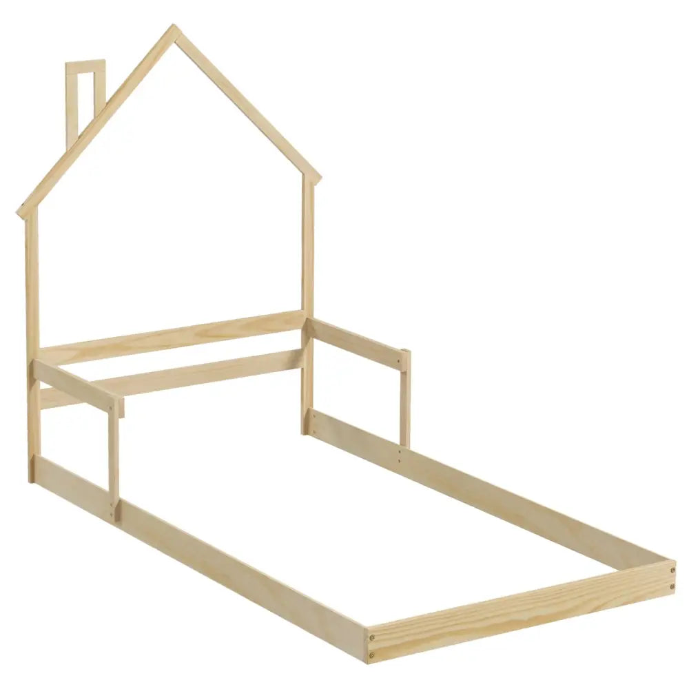 Twin Size Floor Bed with Chimney and Headboard and Handrail-Natural - Natural - Toddler Beds