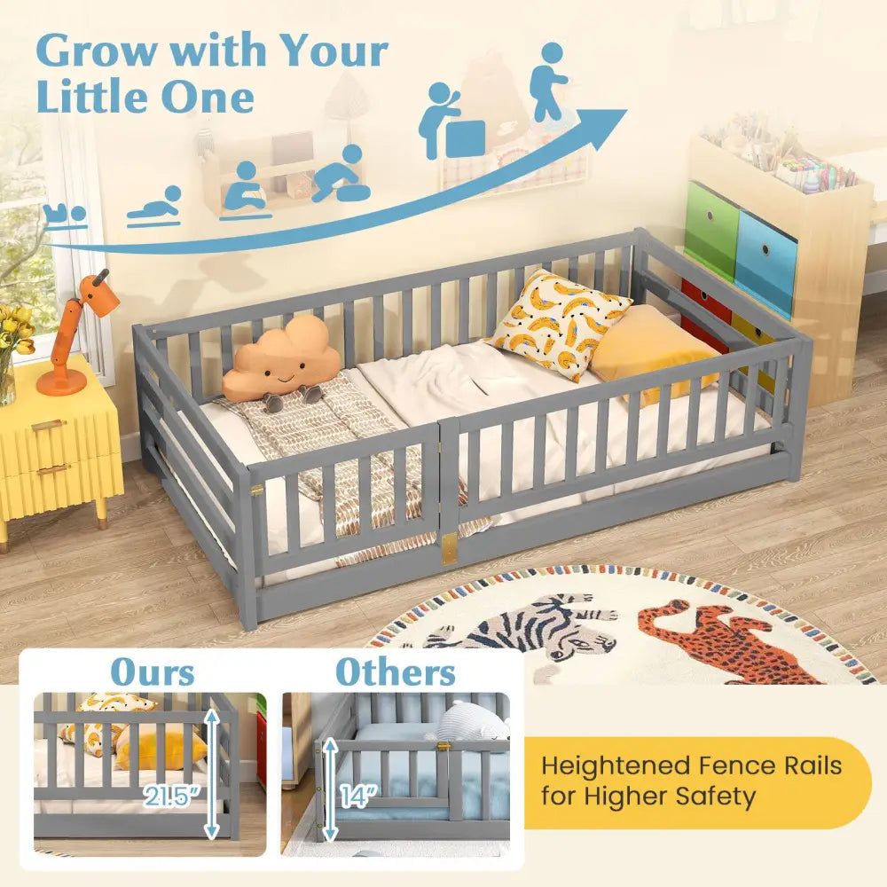 Twin Size Floor Bed with High Fence and Door Playhouse for Kids-Gray - Gray - Toddler Beds