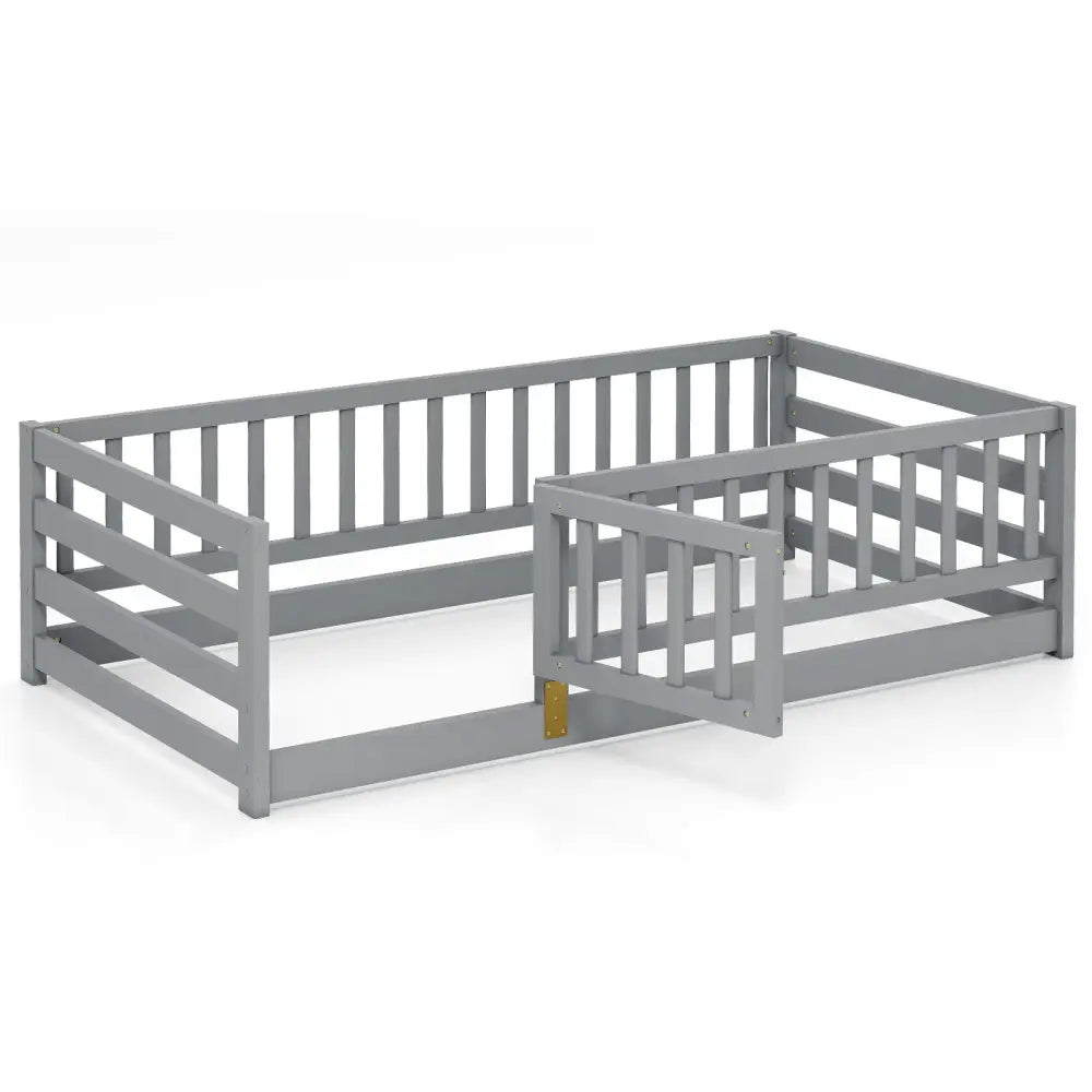 Twin Size Floor Bed with High Fence and Door Playhouse for Kids-Gray - Gray - Toddler Beds