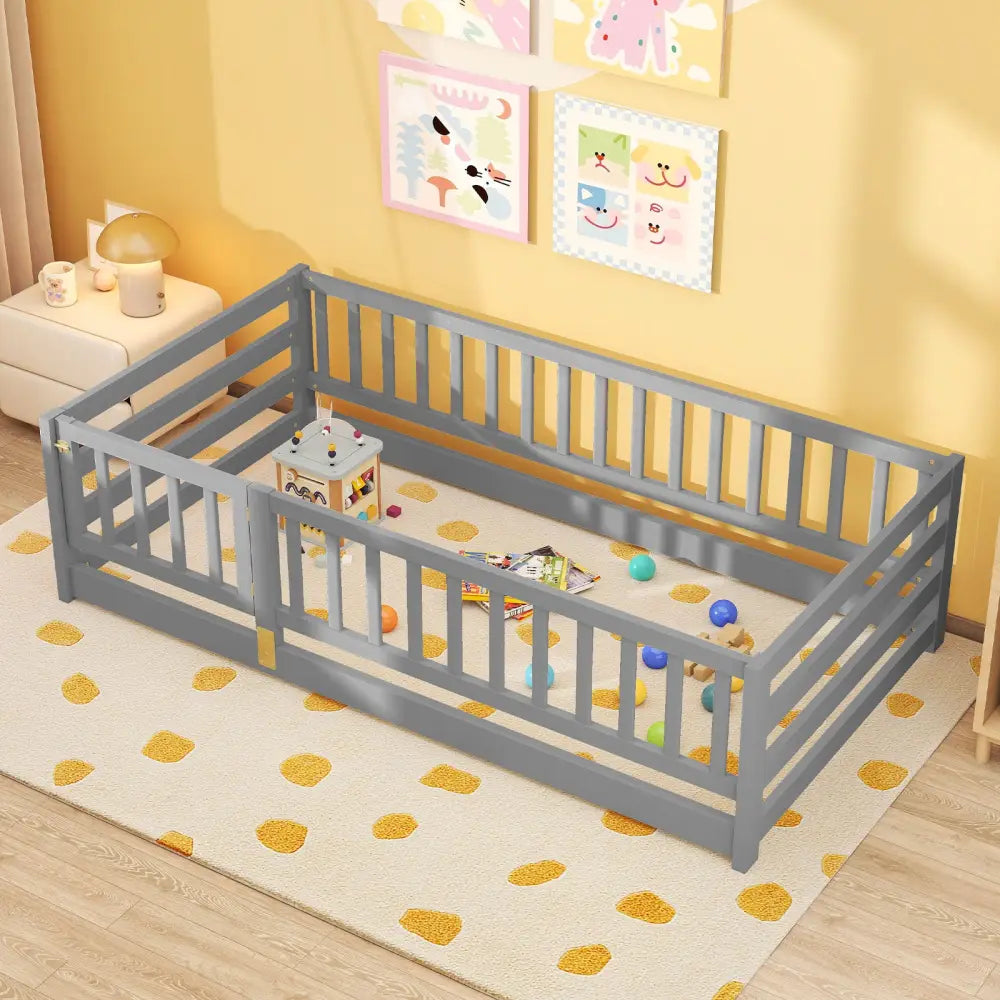 Twin Size Floor Bed with High Fence and Door Playhouse for Kids-Gray - Gray - Toddler Beds