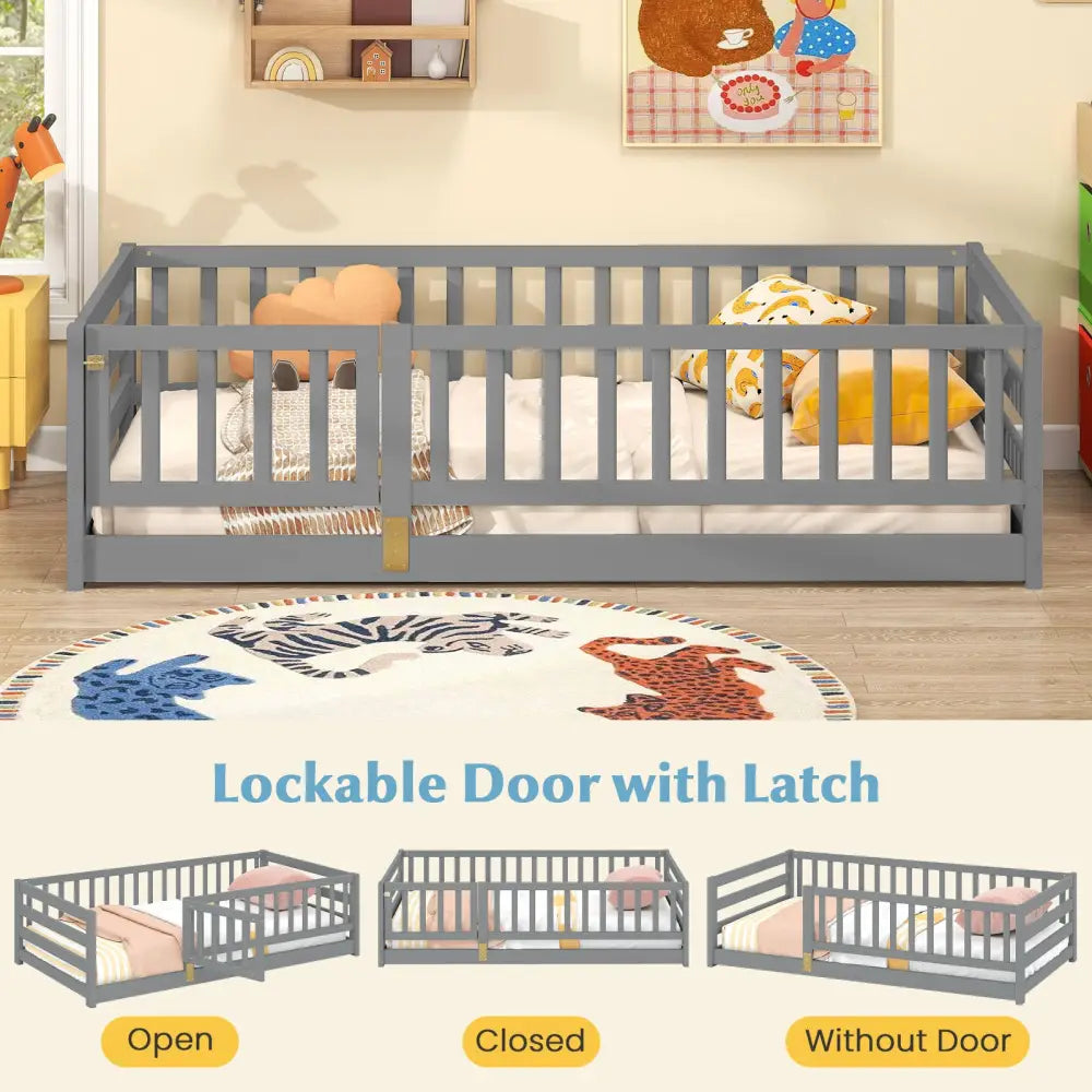 Twin Size Floor Bed with High Fence and Door Playhouse for Kids-Gray - Gray - Toddler Beds