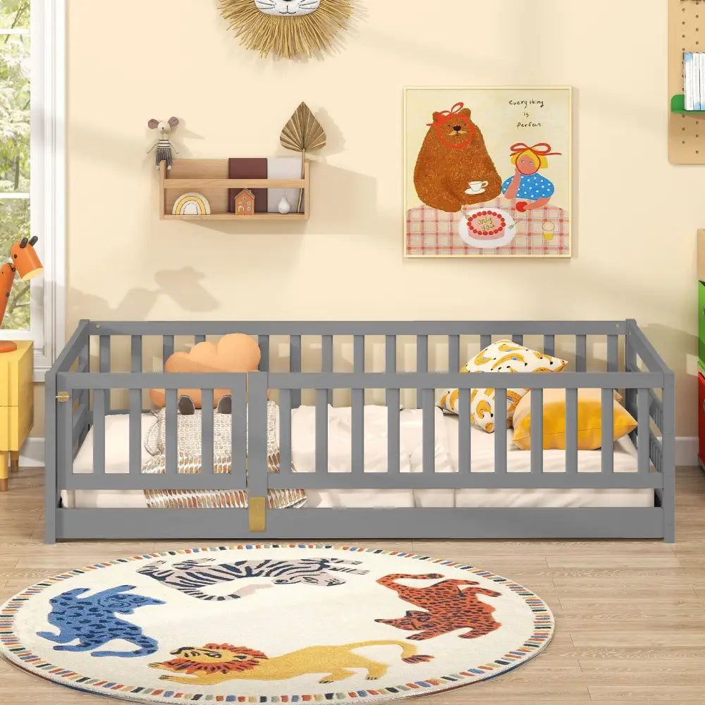 Twin Size Floor Bed with High Fence and Door Playhouse for Kids-Gray - Gray - Toddler Beds