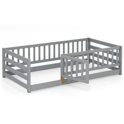Twin Size Floor Bed with High Fence and Door Playhouse for Kids-Gray - Gray - Toddler Beds