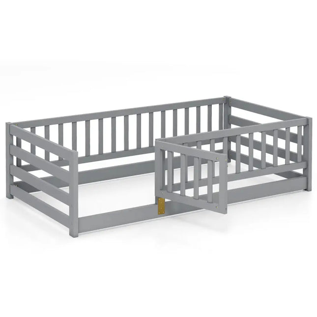 Twin Size Floor Bed with High Fence and Door Playhouse for Kids-Gray - Gray - Toddler Beds