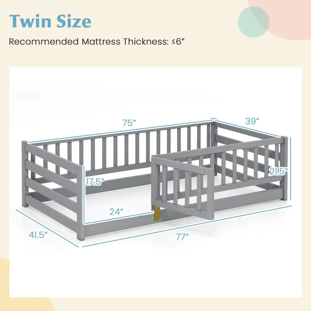 Twin Size Floor Bed with High Fence and Door Playhouse for Kids-Gray - Gray - Toddler Beds