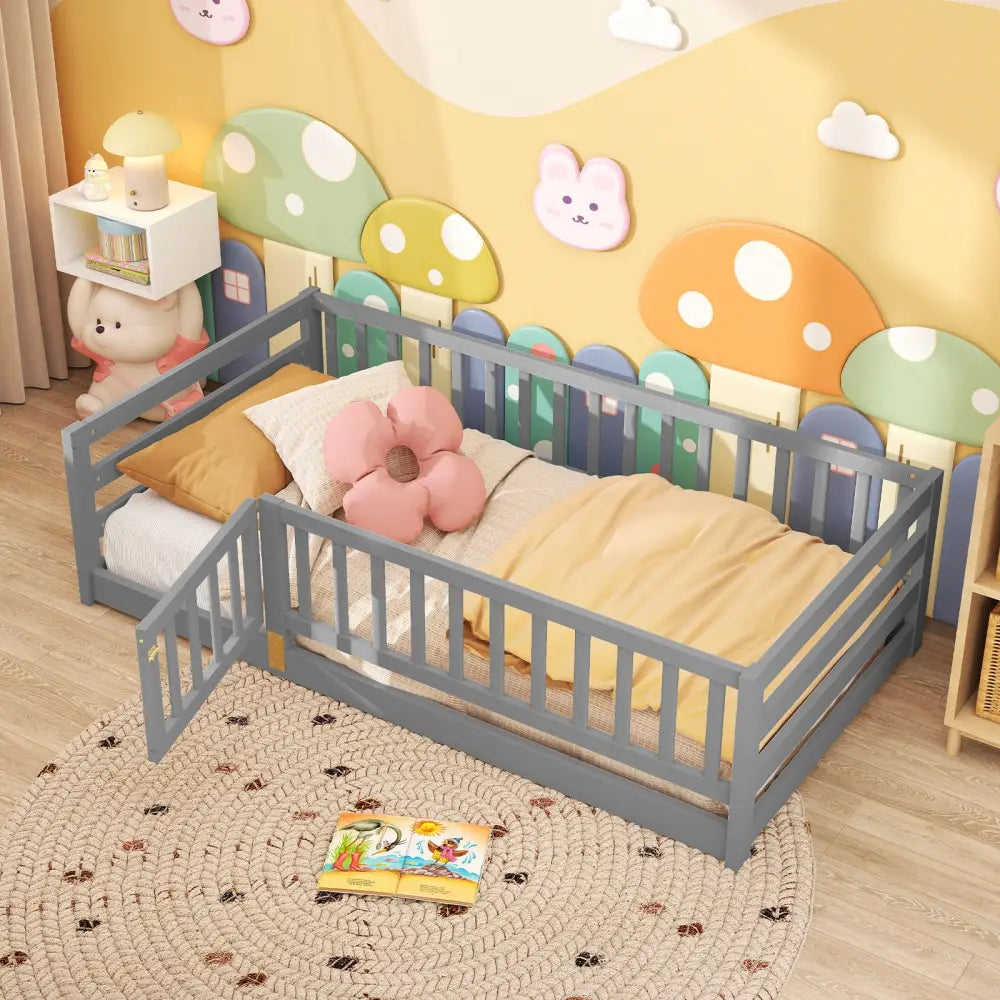 Twin Size Floor Bed with High Fence and Door Playhouse for Kids-Gray - Gray - Toddler Beds