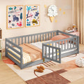 Twin Size Floor Bed with High Fence and Door Playhouse for Kids-Gray - Gray - Toddler Beds
