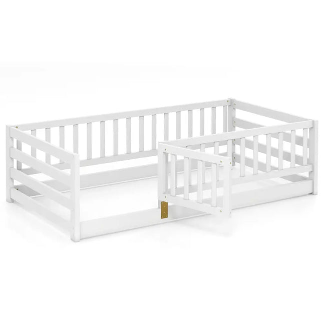 Twin Size Floor Bed with High Fence and Door Playhouse for Kids-White - White - Toddler Beds
