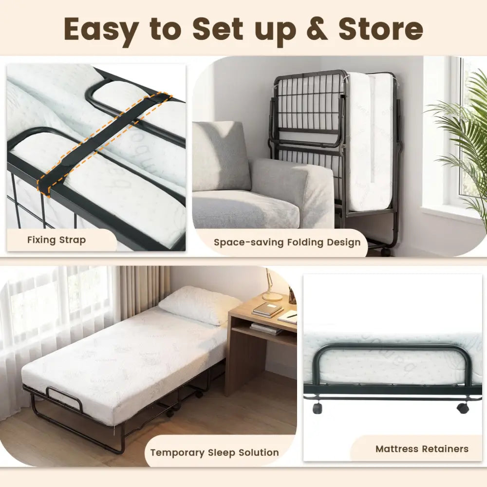 Twin Size Folding Bed with 5-inch Mattress and Metal Frame for Apartment - Folding Beds