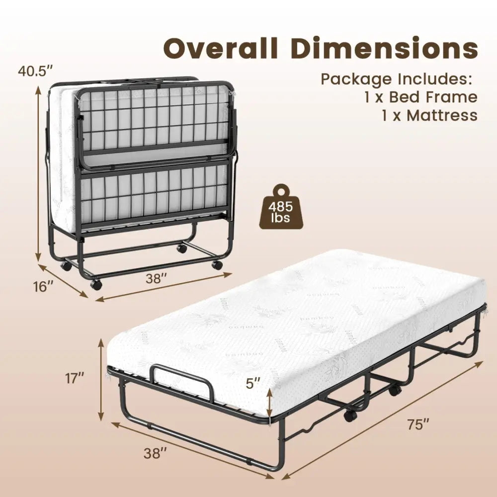 Twin Size Folding Bed with 5-inch Mattress and Metal Frame for Apartment - Folding Beds