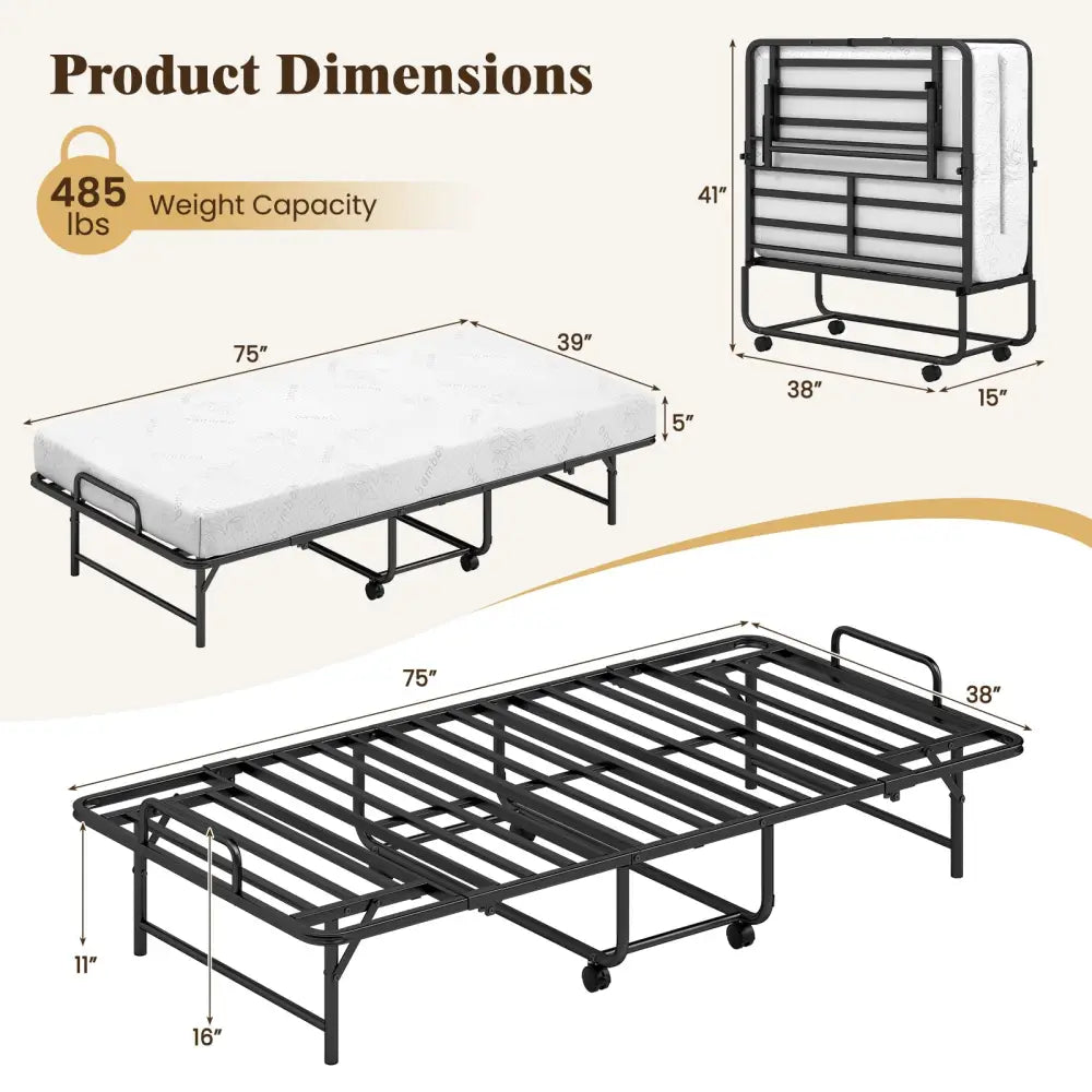 Twin Size Folding Bed with 5-Inch Mattress Rollaway Guest Bed with Memory Foam Mattress - Folding Beds