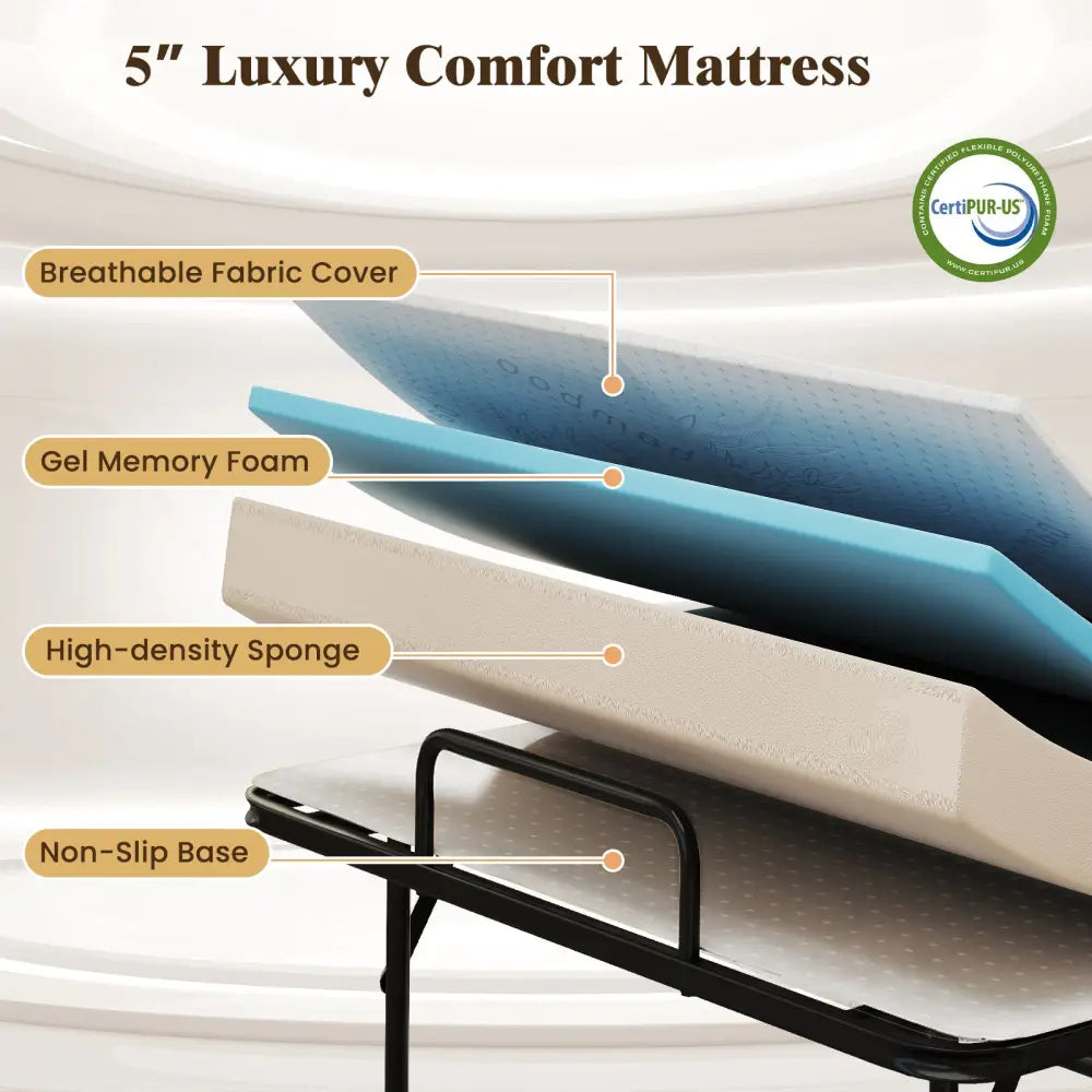 Twin Size Folding Bed with 5-Inch Mattress Rollaway Guest Bed with Memory Foam Mattress - Folding Beds