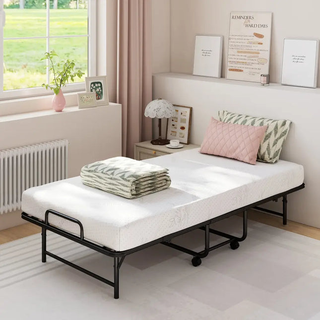 Twin Size Folding Bed with 5-Inch Mattress Rollaway Guest Bed with Memory Foam Mattress - Folding Beds