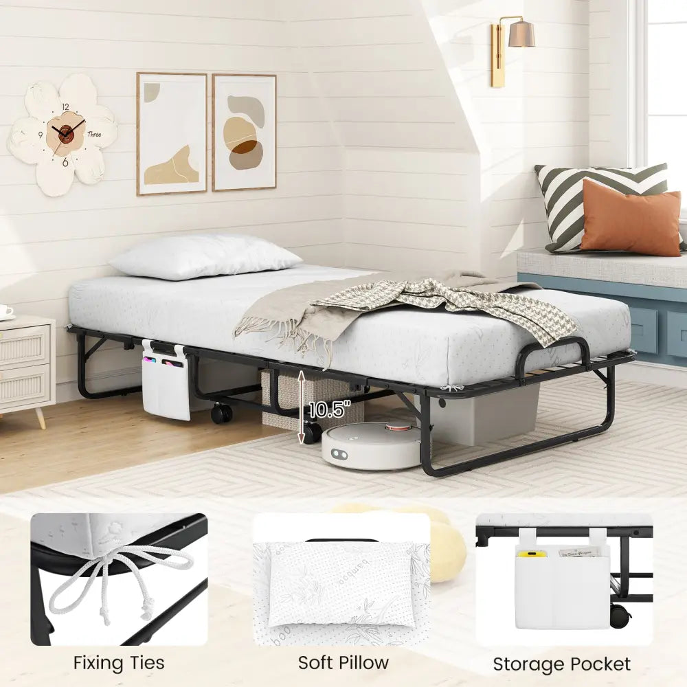 Twin Size Folding Bed with 5 Inch Mattress - White - Folding Beds